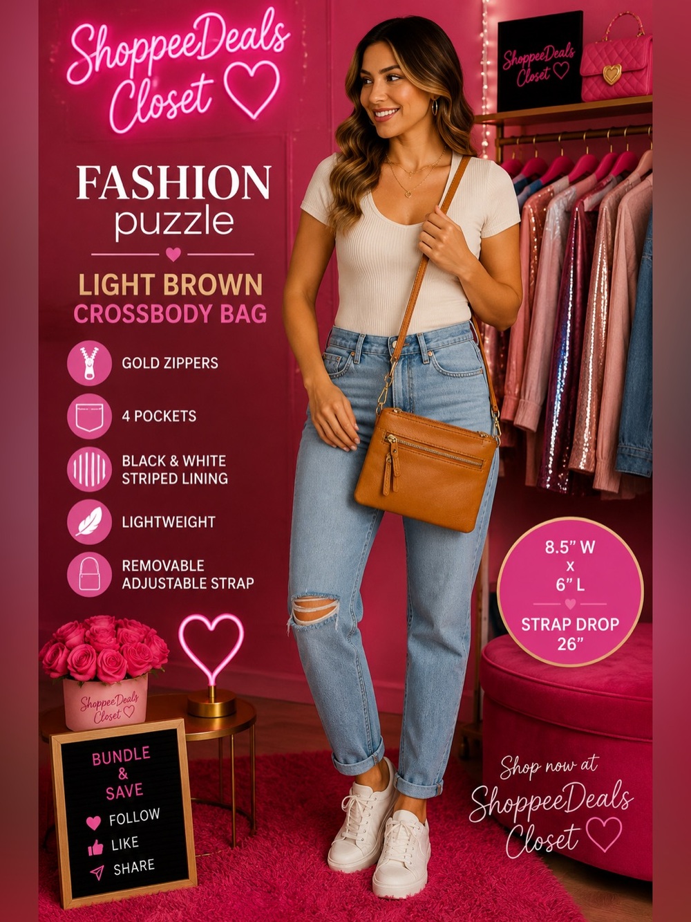 FashionPuzzle Light Brown Crossbody Bag Gold Zippers Removable Strap